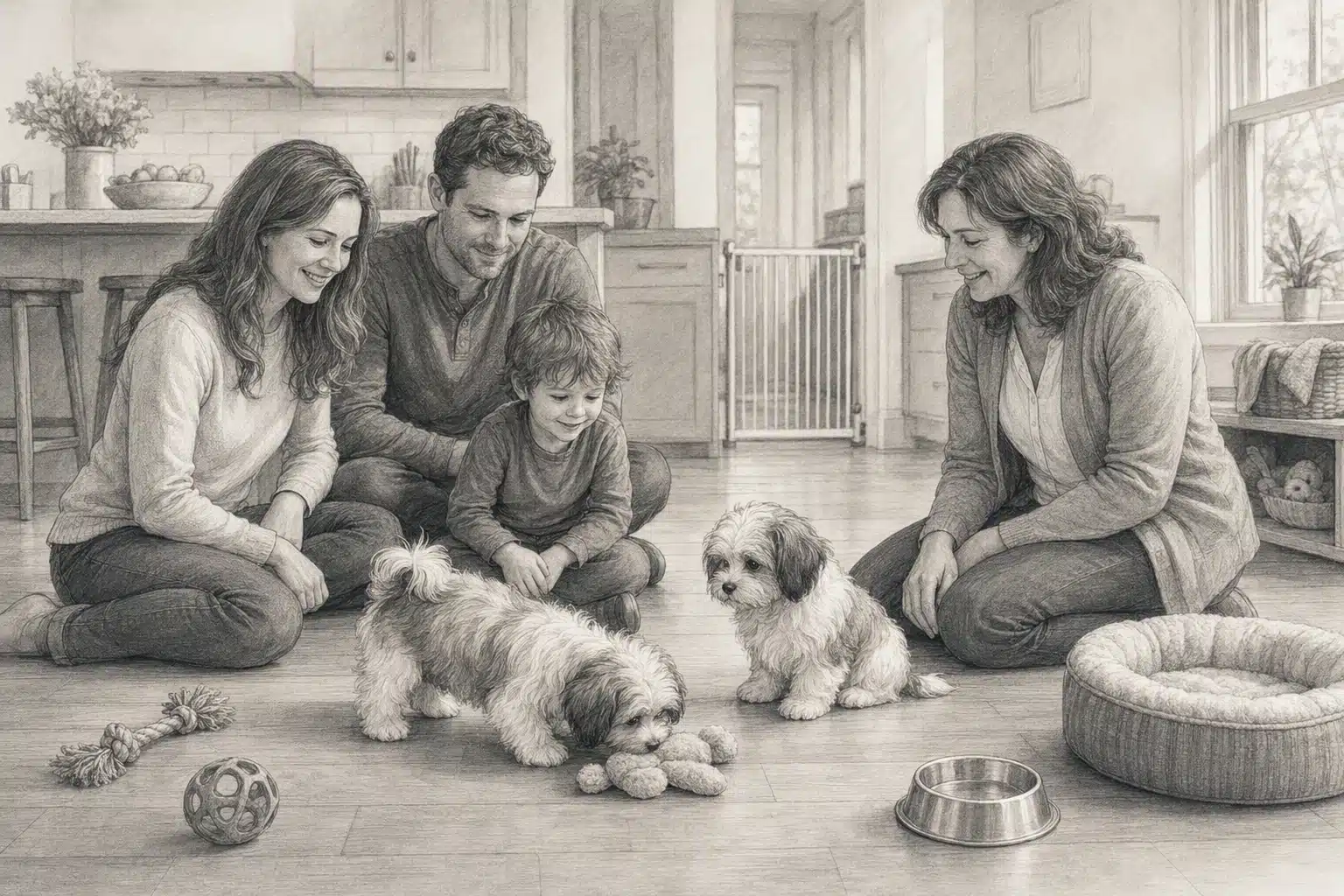 Family assessing Havanese puppies during daily interaction