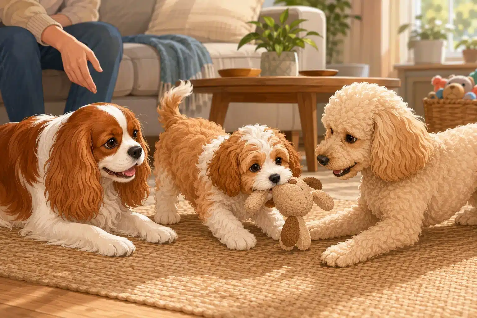 Cavapoo puppy with Cavalier and Poodle parents in cozy home setting