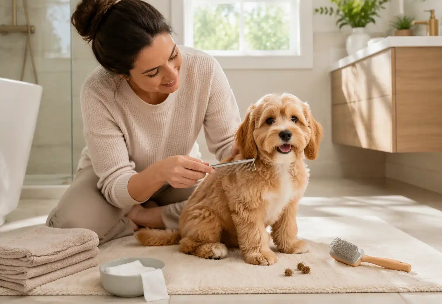 Gentle grooming session with Cavapoo puppy on bathroom mat