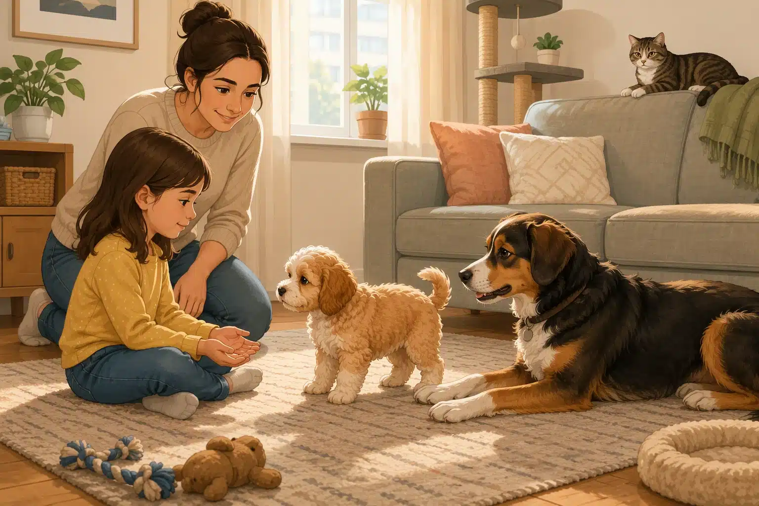 Cavapoo puppy meeting child and dog in cozy living room