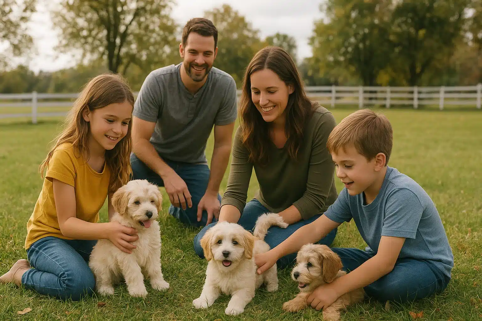 Family with Havanese and Havapoo puppies on Illinois farmland
