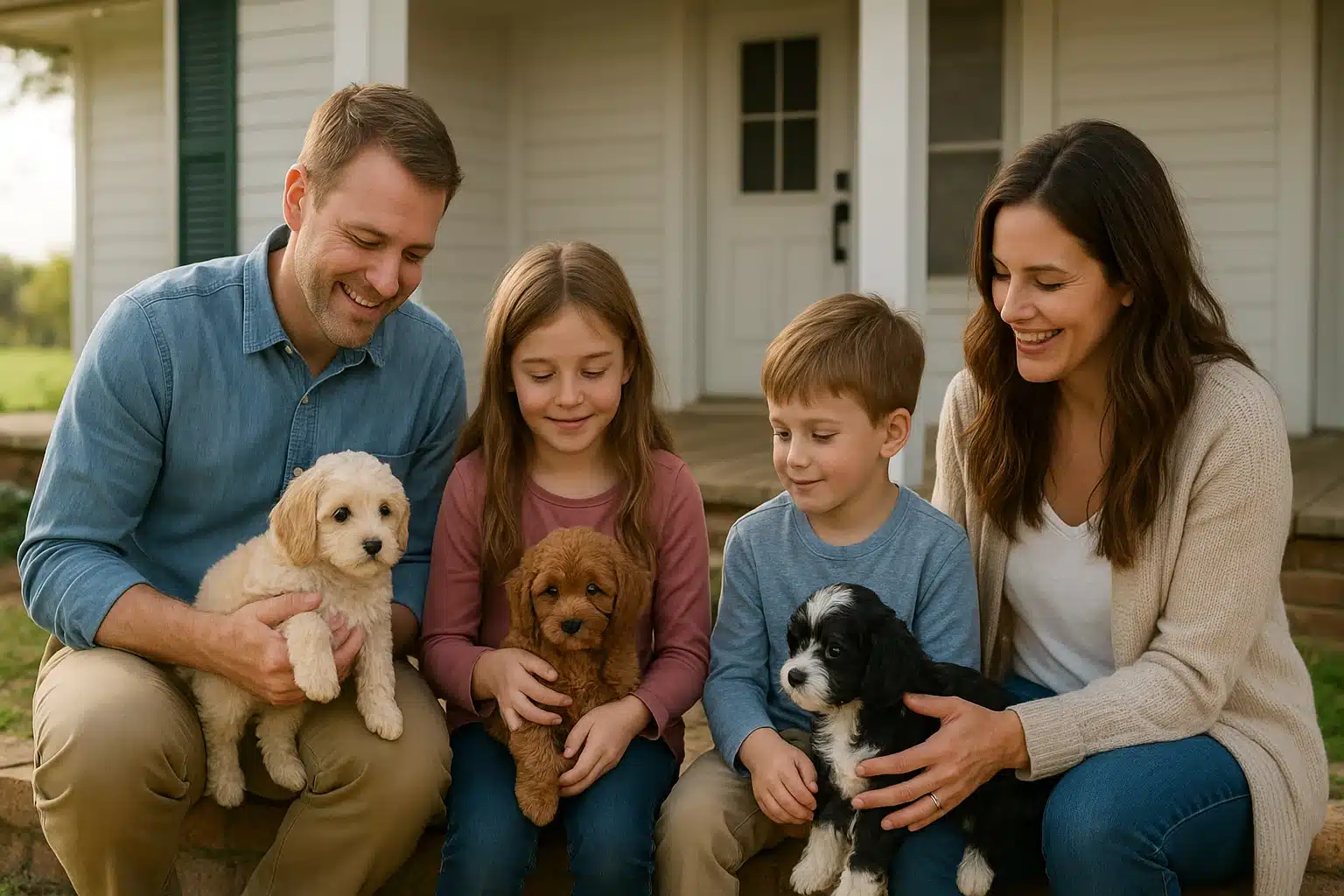Warm farmhouse porch family with Havanese puppies