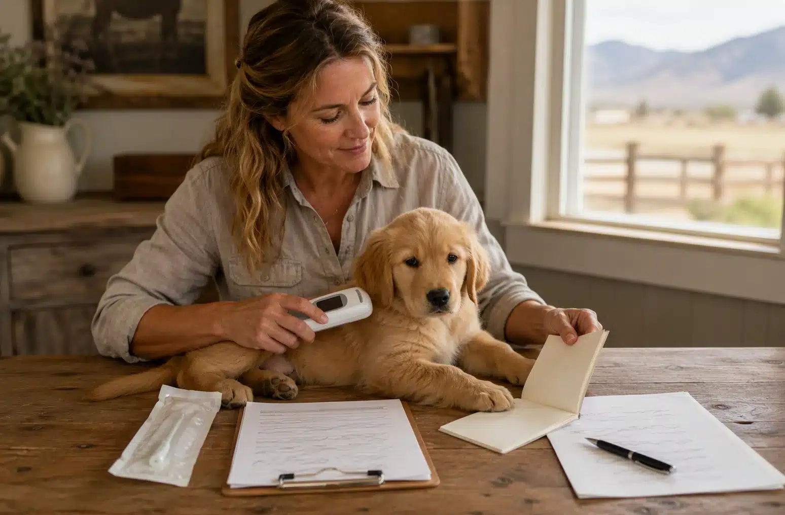 Breeder reviewing puppy records microchip scanner contract