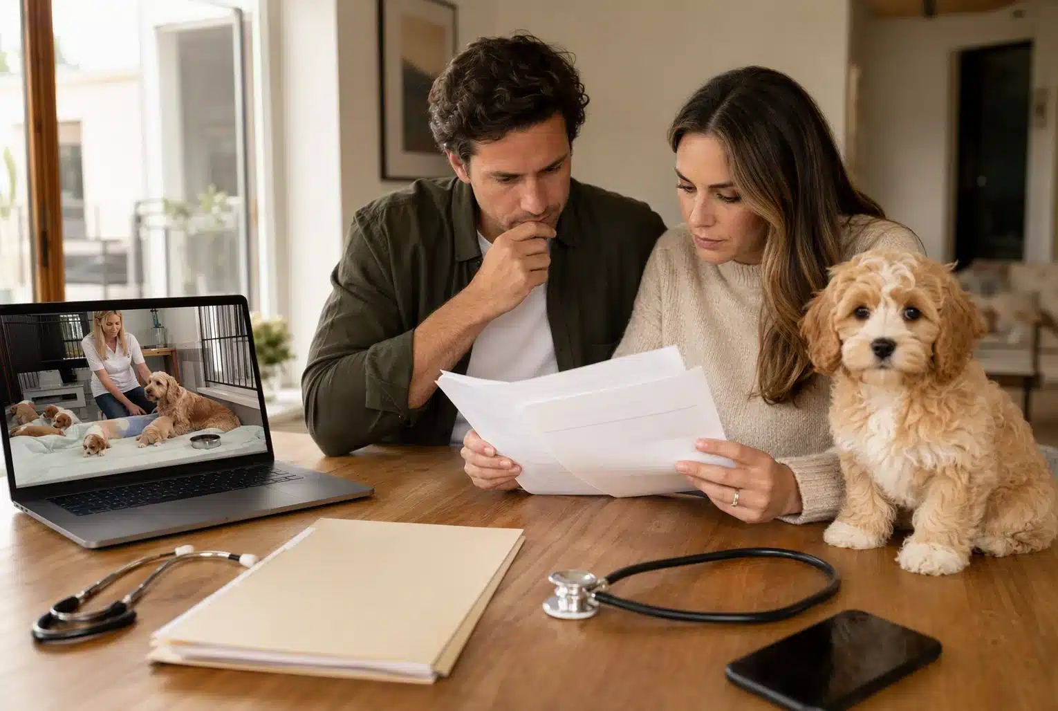 Family reviews puppy health records during video call