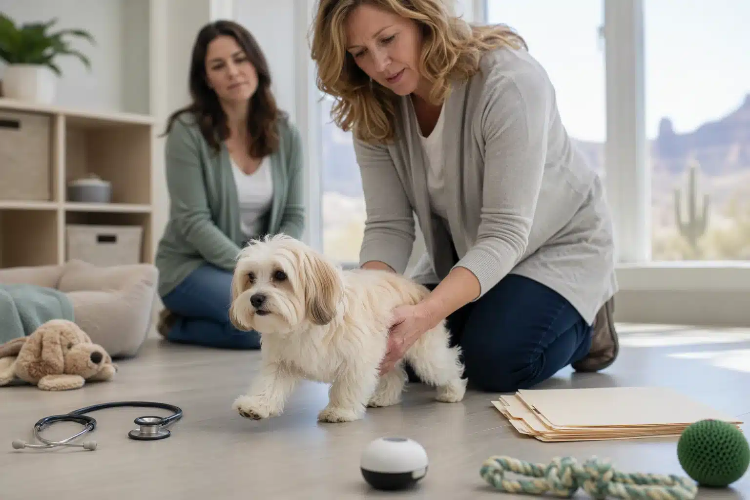 Breeder evaluates Havanese puppy gait in home setting