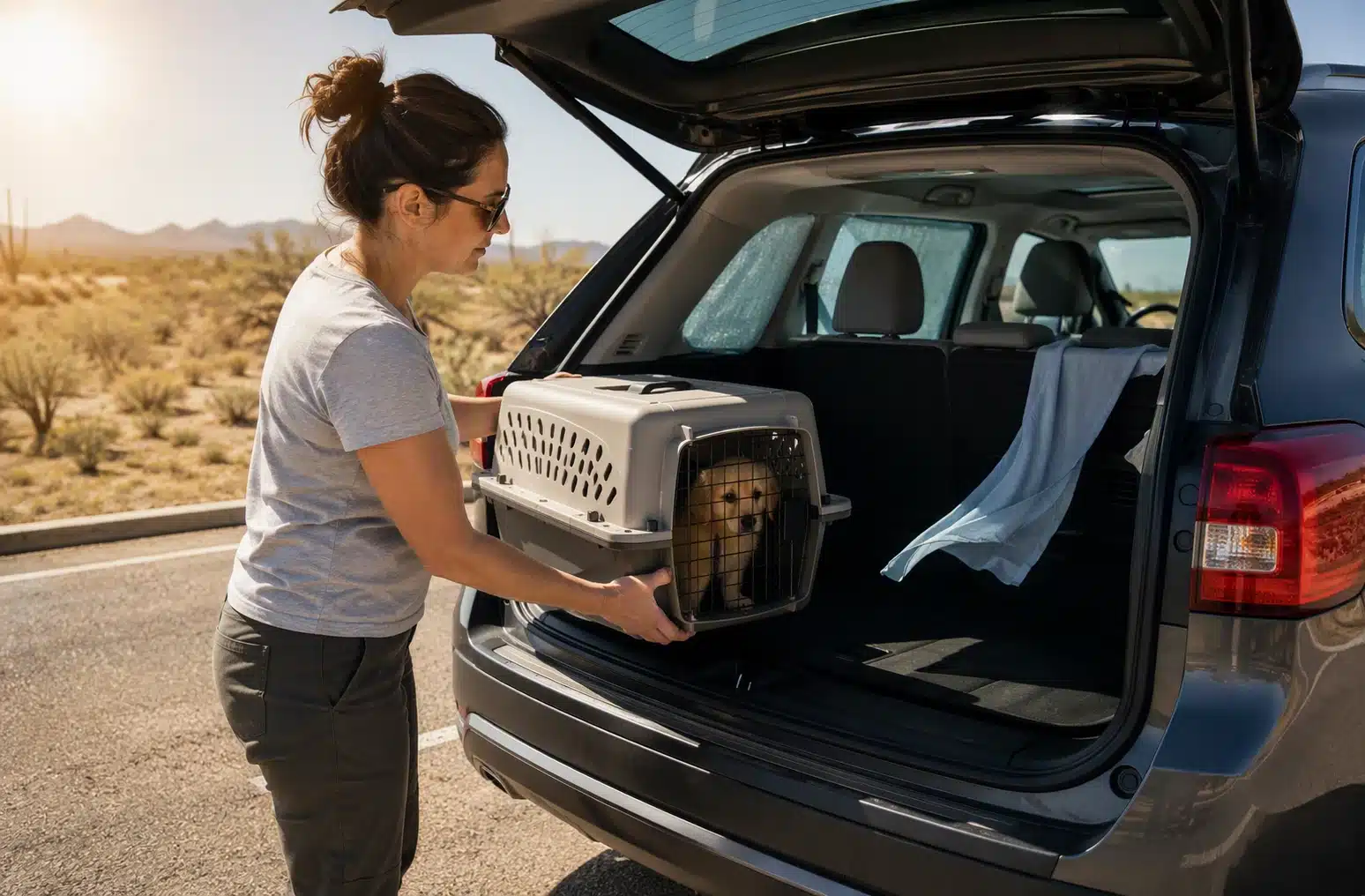 Loading puppy carrier into climate-controlled vehicle under Arizona sun