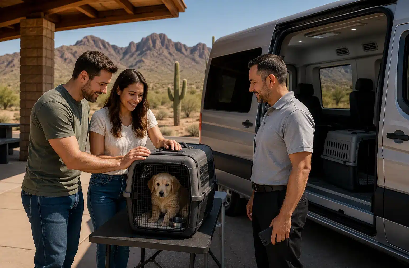 Family inspects climate-controlled puppy carrier at Arizona rest stop