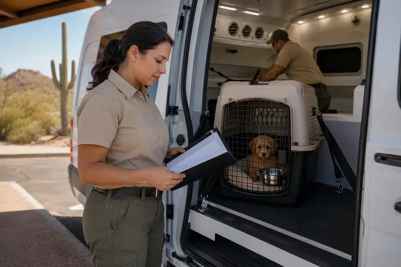 Transport coordinator reviews USDA-compliant puppy transport documents beside climate-controlled van