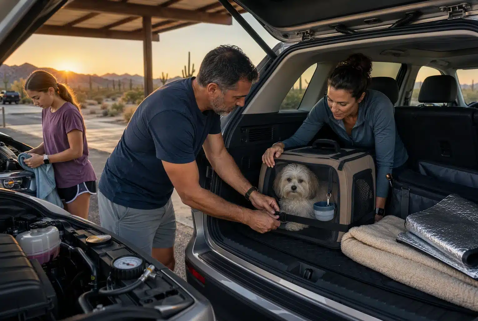 Family secures puppy carrier in cool SUV for heat-safe travel