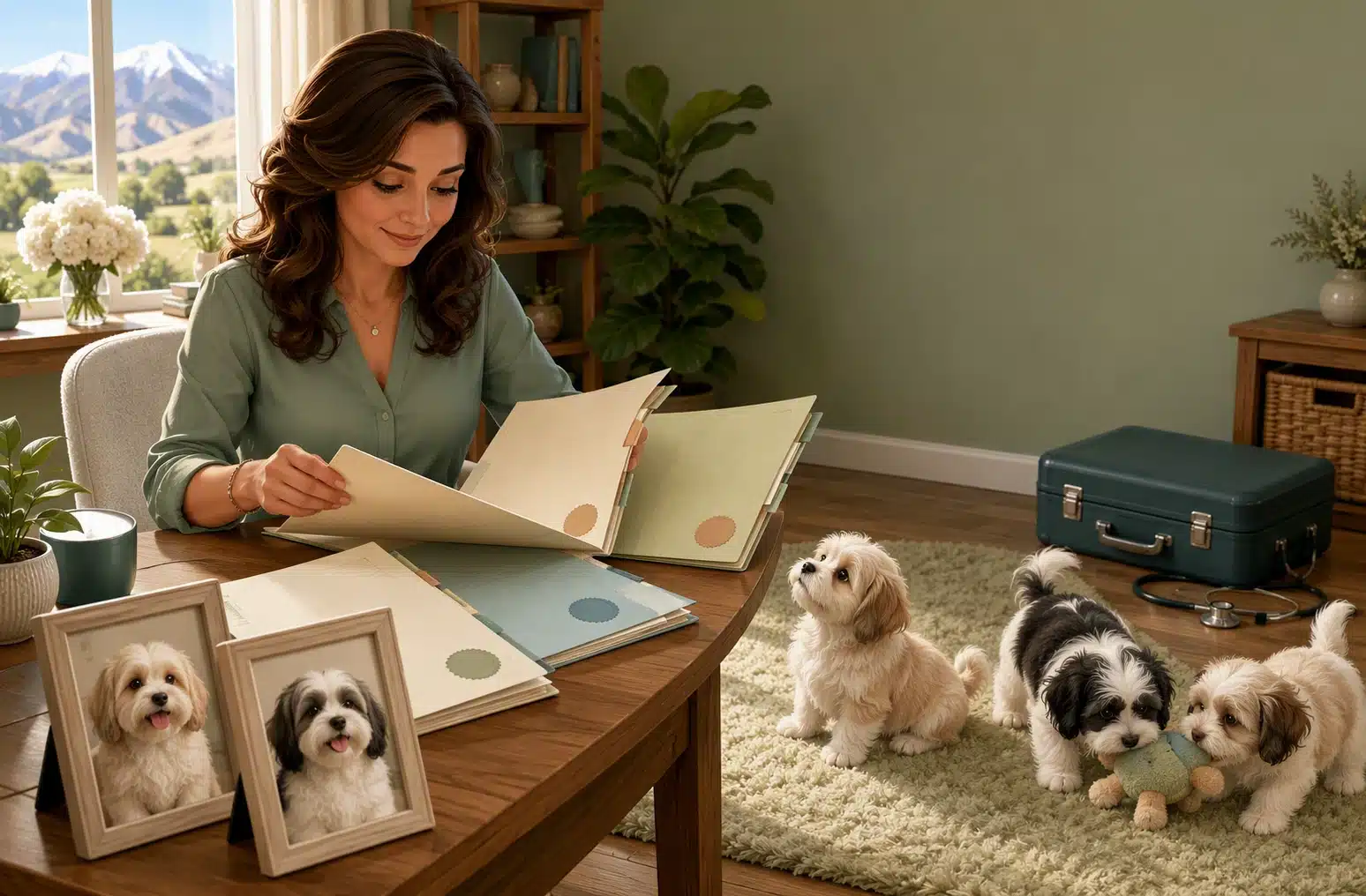 Breeder reviews parent health records beside playful Havanese puppies