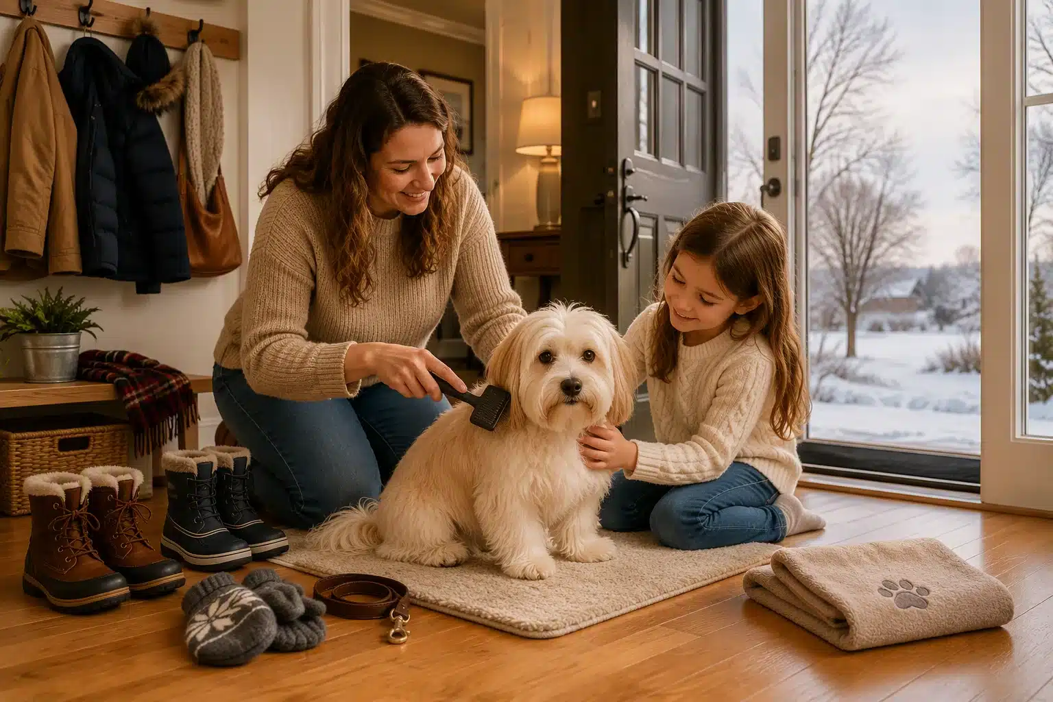 Family grooms Havanese in cozy Nebraska entryway
