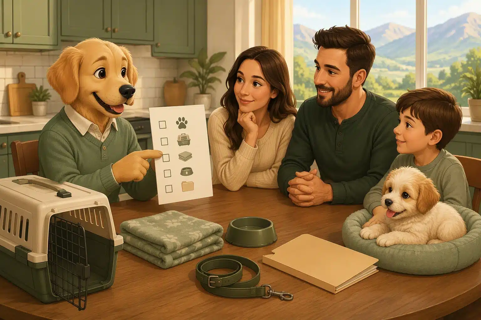 Puppy advisor reviewing adoption checklist with family