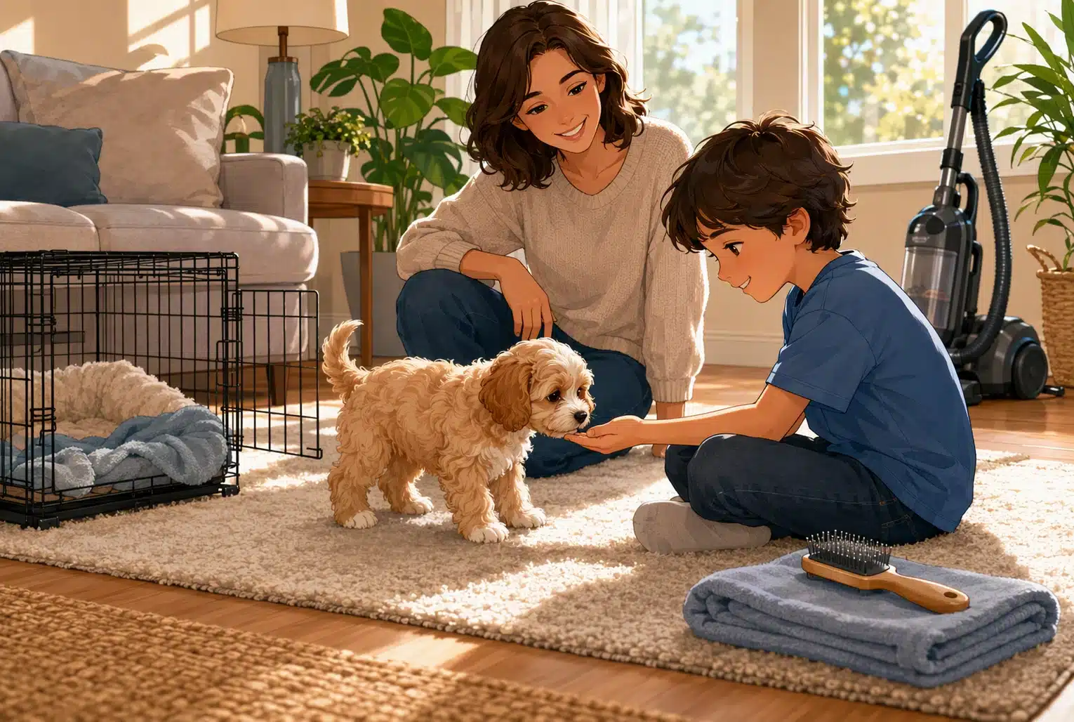 Calm Cavapoo puppy meets child in home socialization