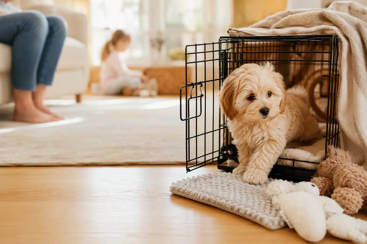 Havapoo puppy exploring crate with toys in home-raised setting