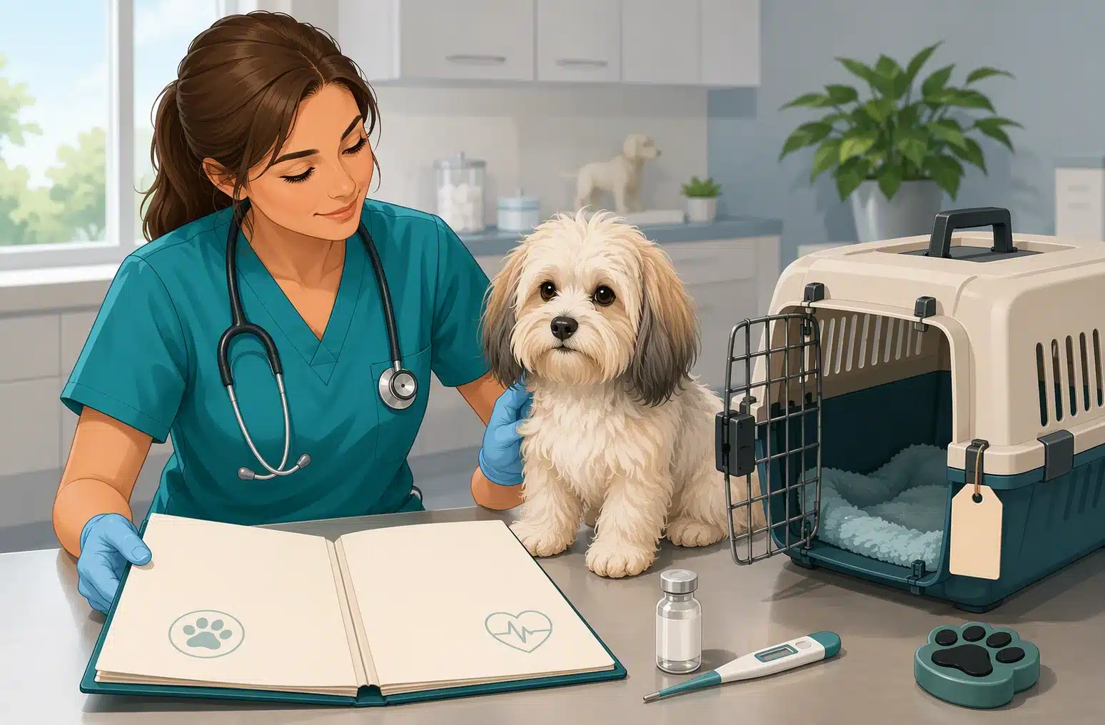 Veterinarian inspecting Havanese puppy health records near travel carrier