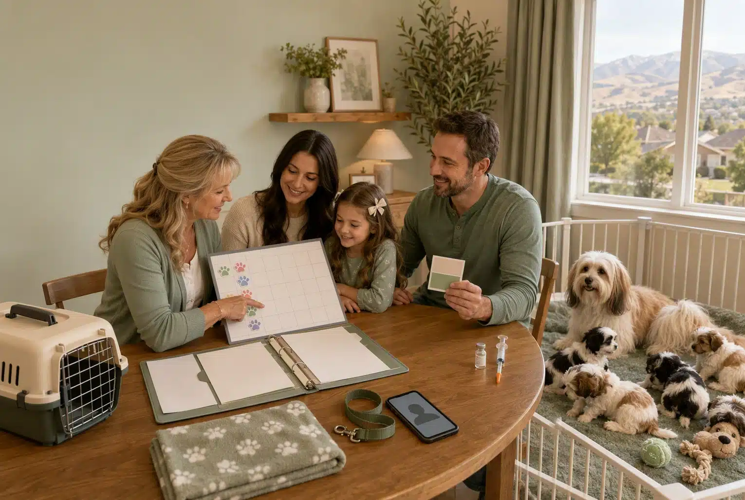 Breeder reviews puppy paperwork with family