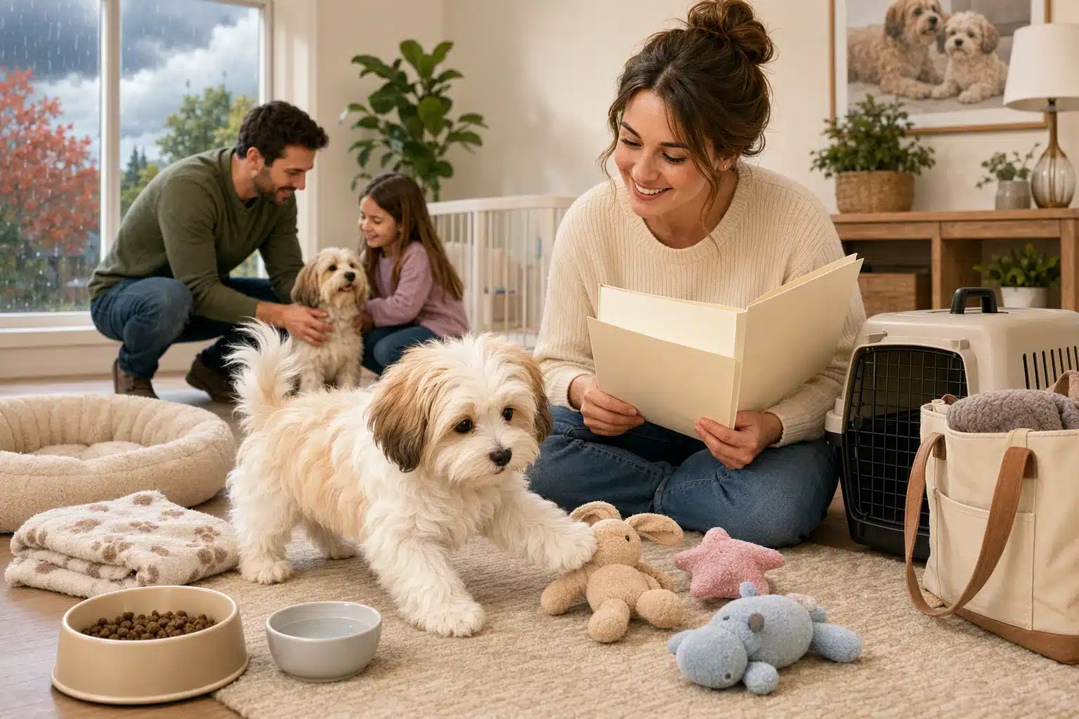 Havanese puppy meets caregiver with go-home essentials