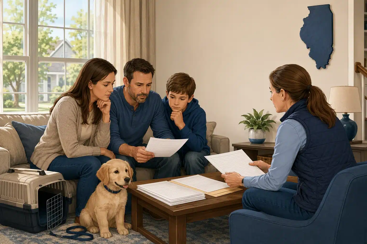 Family reviews puppy records with breeder