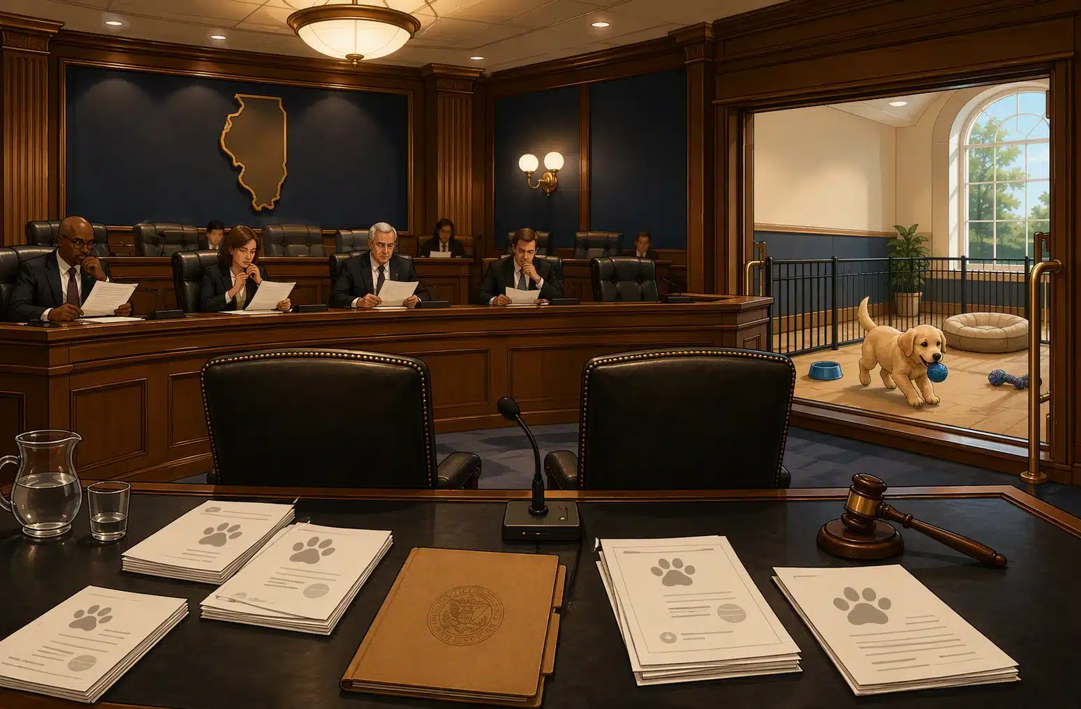 Legislative hearing room with empty witness chairs and puppy welfare documents