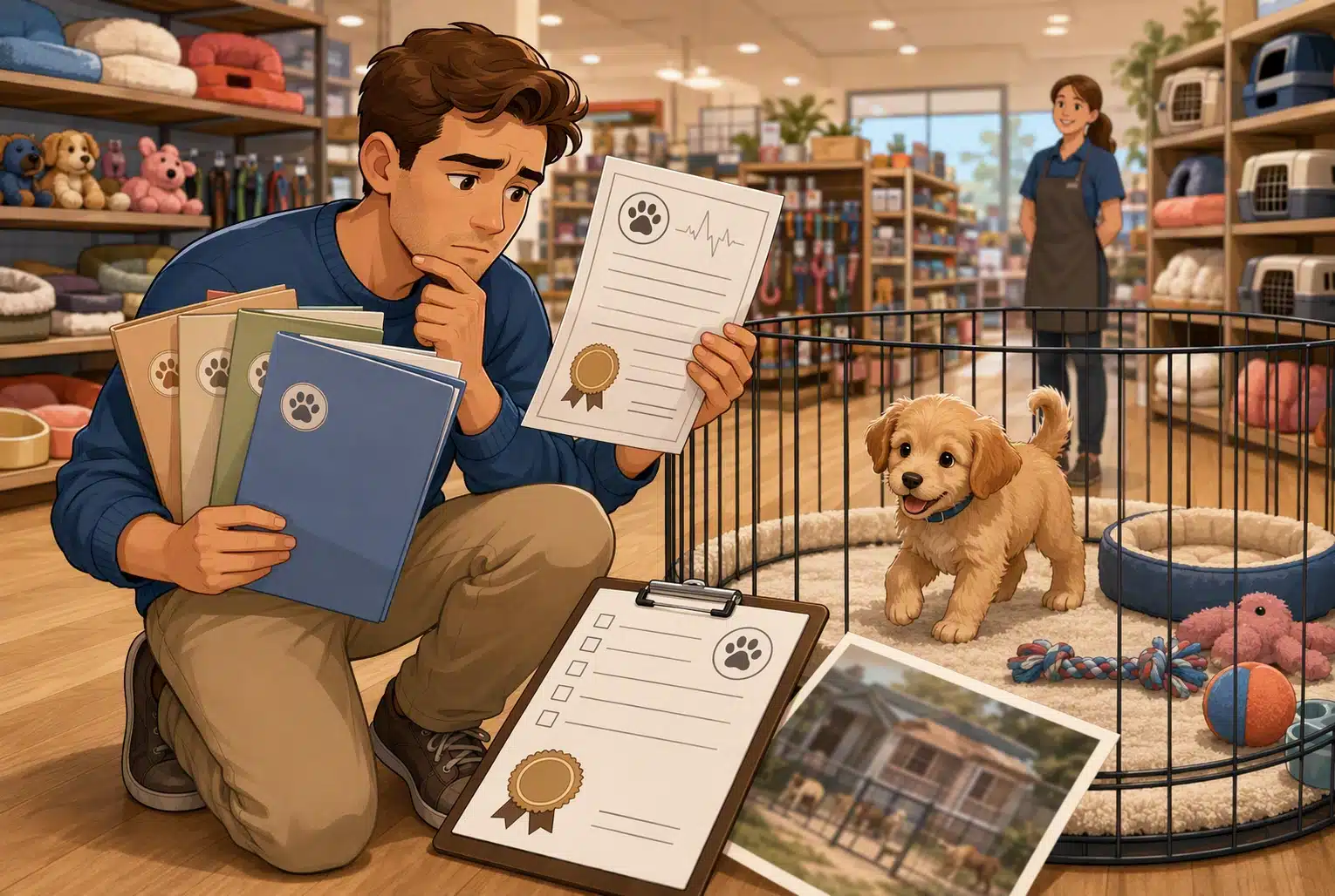 Breeder scrutinizing records beside a puppy playpen