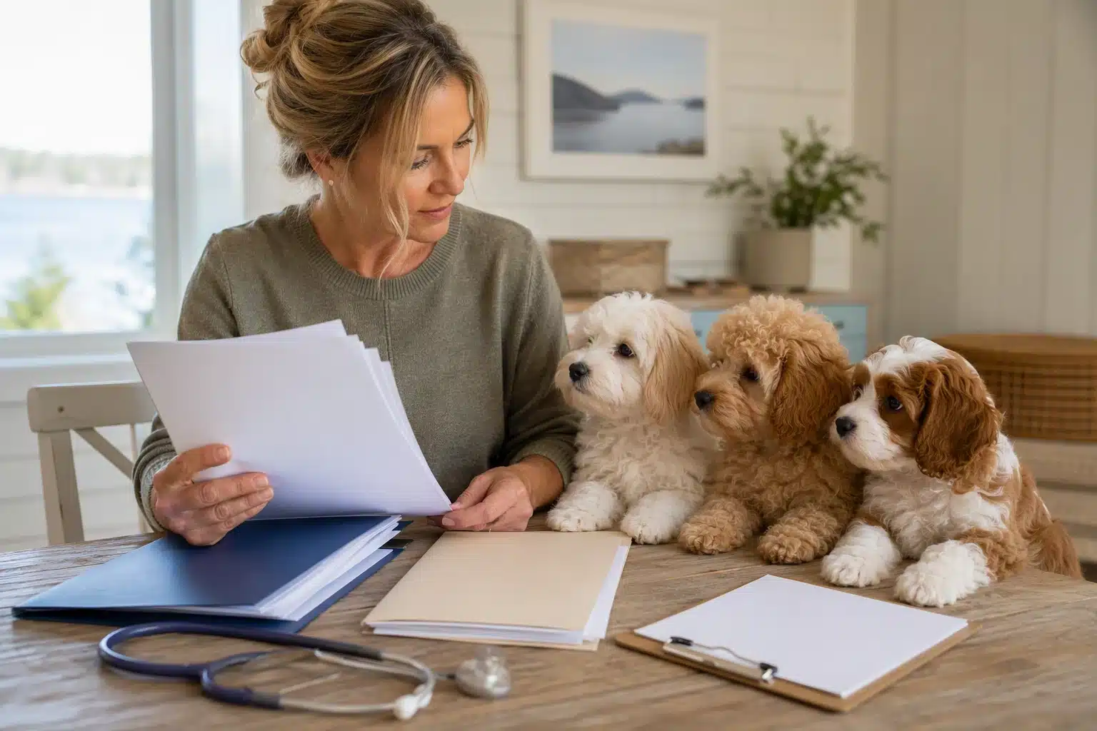 Breeder reviewing parent health records beside Havanese Havapoo Cavapoo puppies