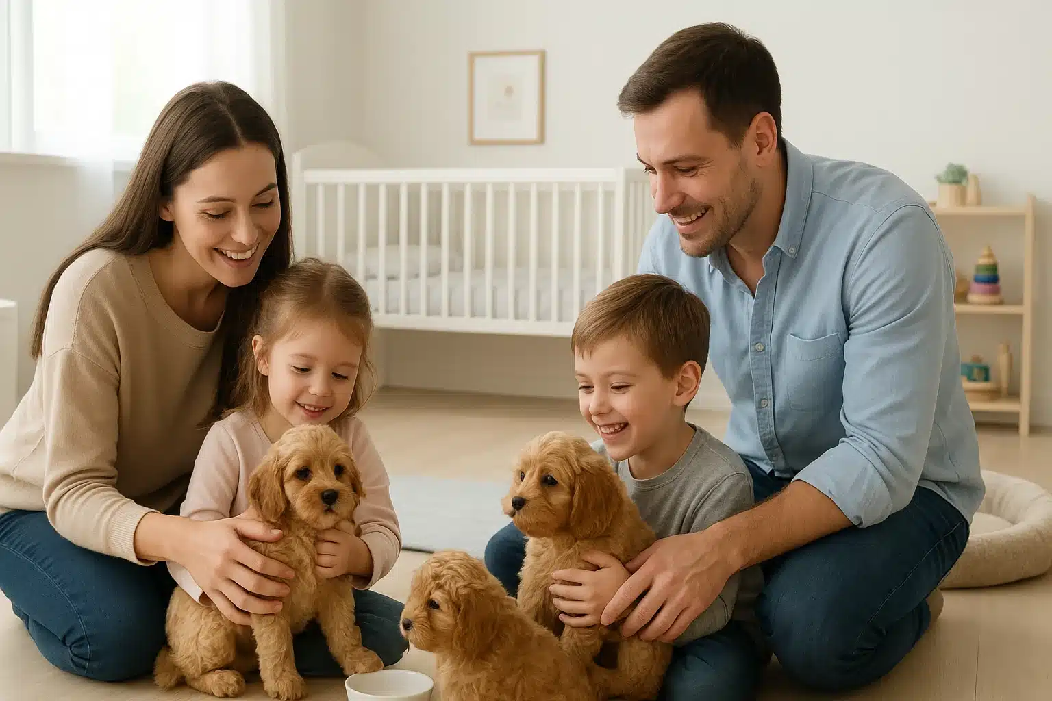 Bright family inspecting clean Cavapoo nursery with puppies and care details
