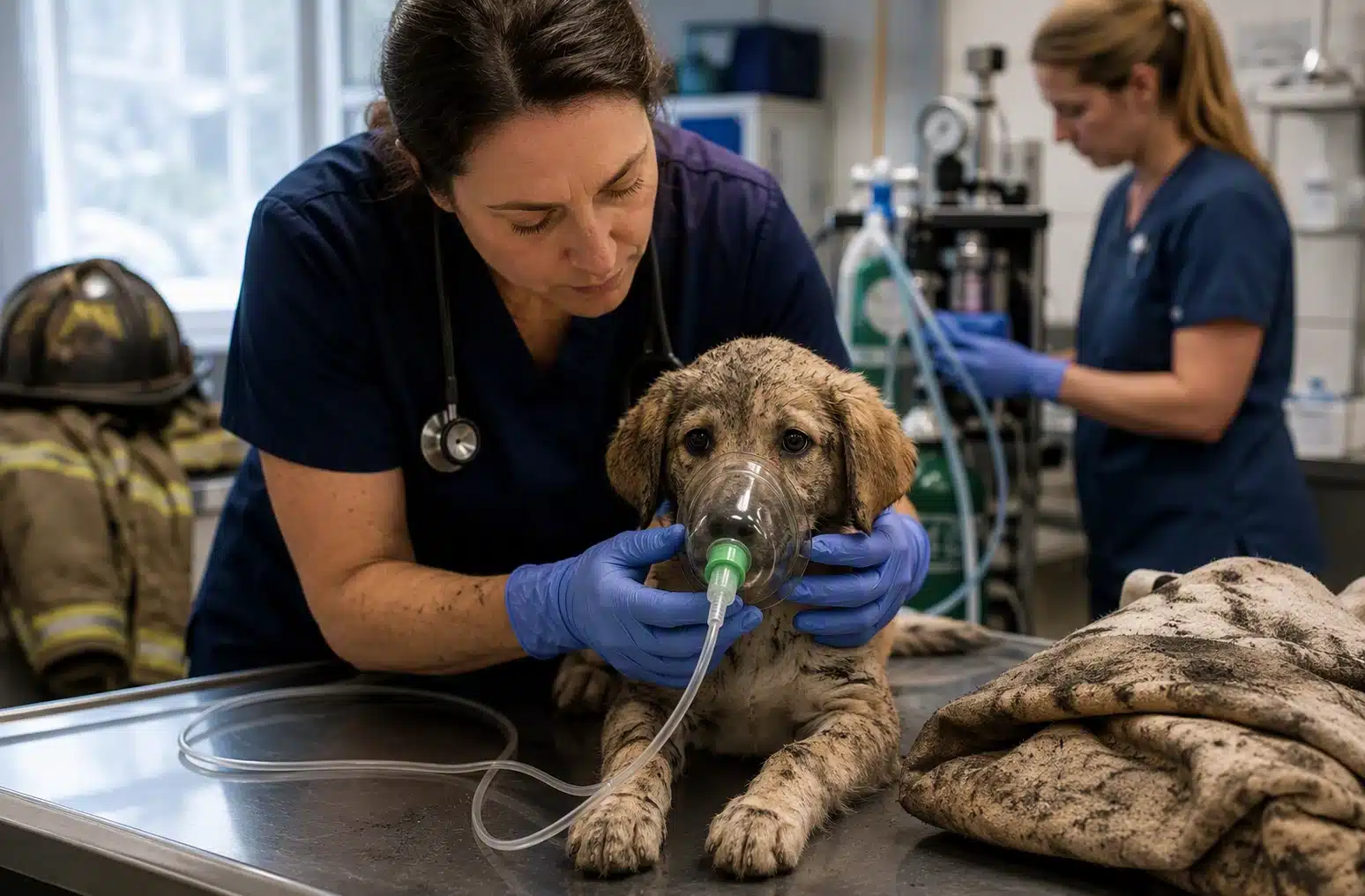 Veterinarian treats soot-covered puppy with oxygen mask