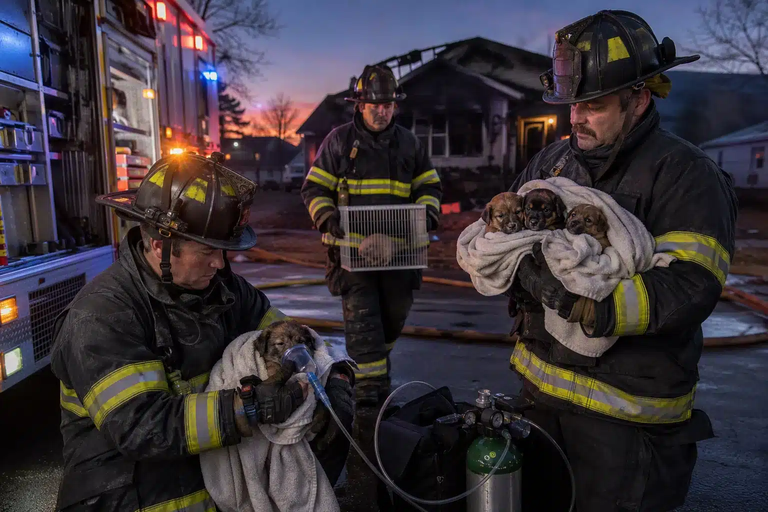 Firefighters carry rescued puppies to safety near engines