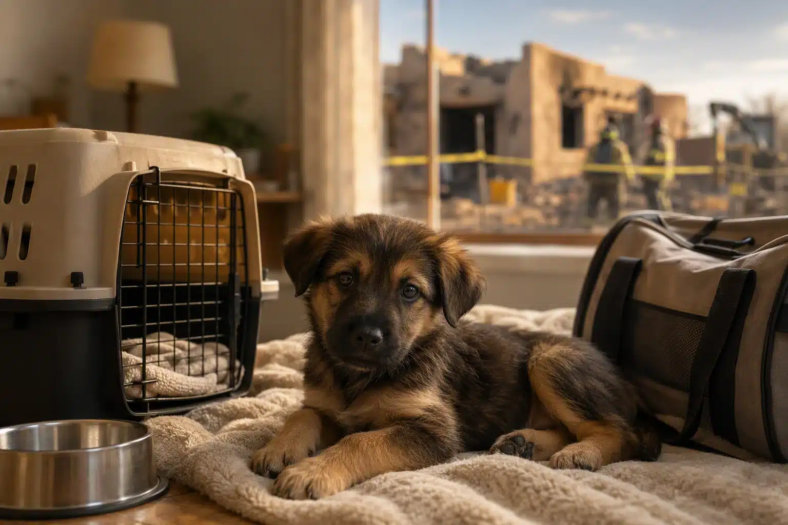 Puppy rests safely in foster room beside emergency carrier
