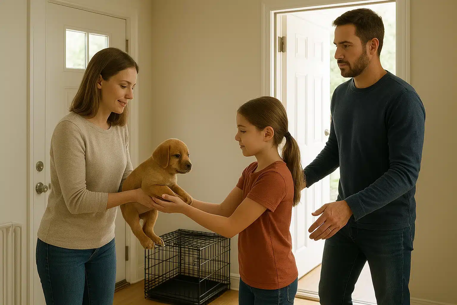 Family prepares puppy handoff near clear home exits