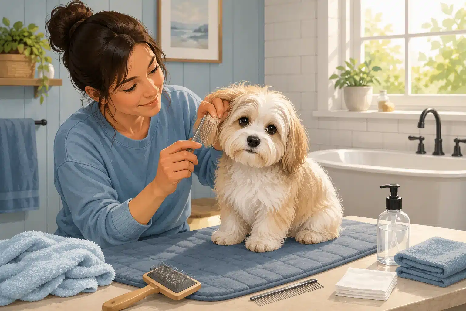 Gentle grooming session behind Havanese puppy’s ears