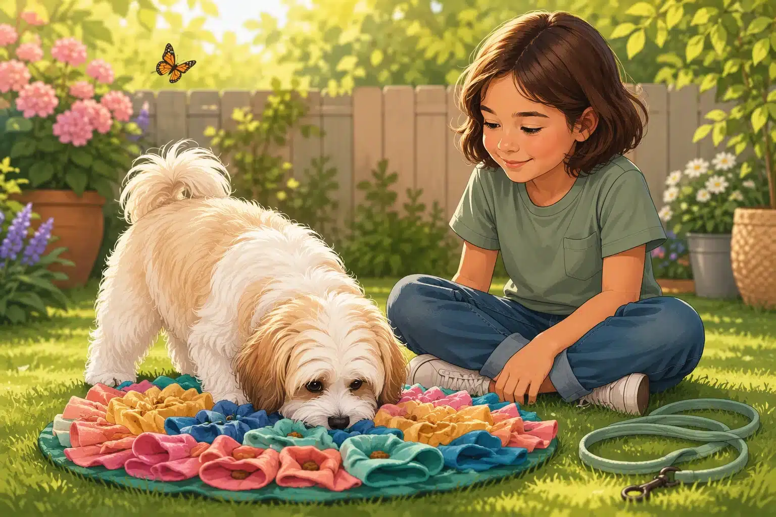 Havanese puppy sniffs treats in garden snuffle mat