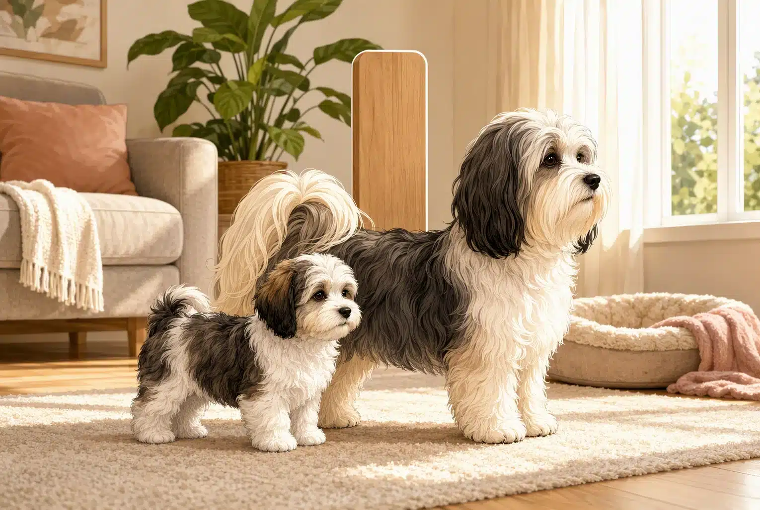 Havanese adult beside puppy measuring height proportions