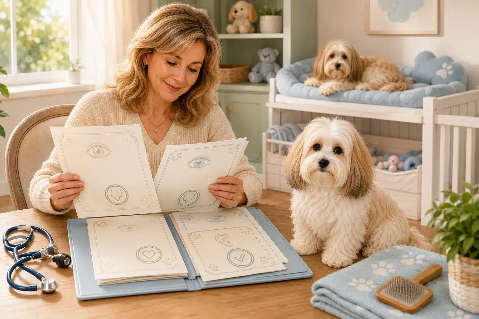Breeder reviewing health certificates with Havanese puppy