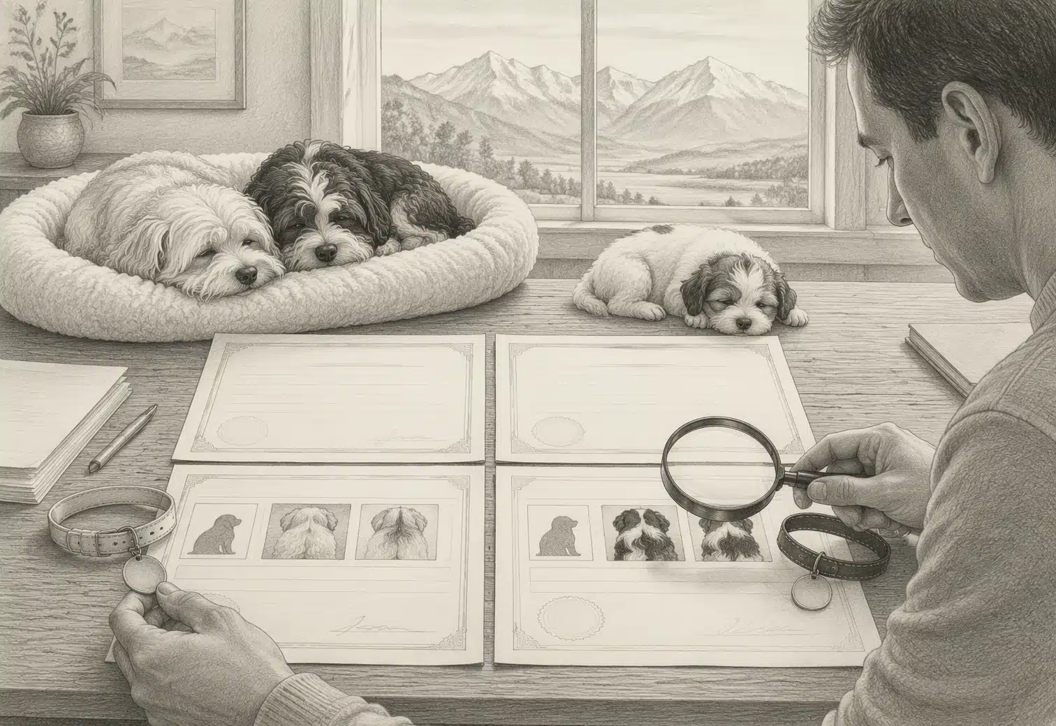 Cross-referencing OFA records beside sleeping Havanese parents