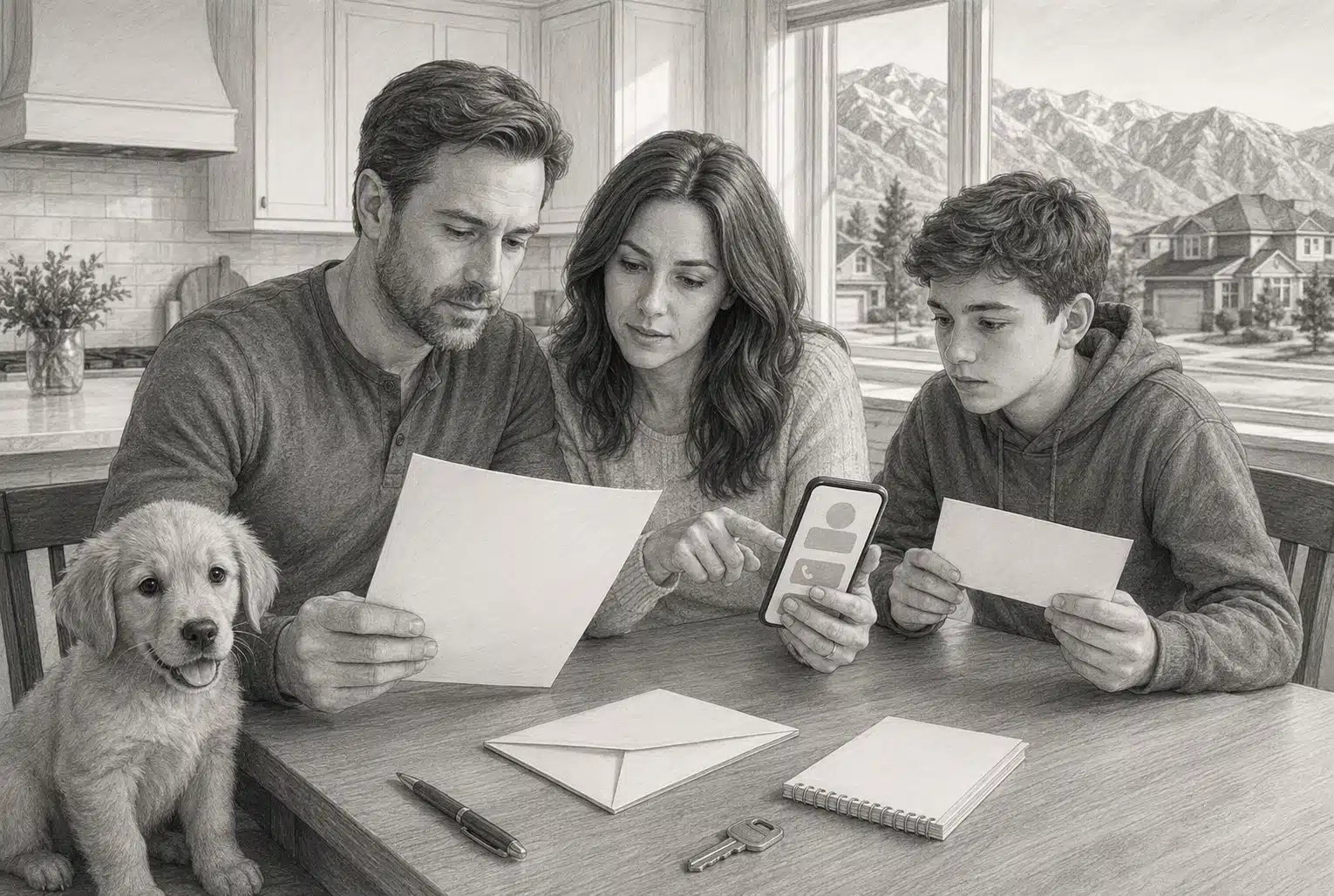 Family cross-checking puppy seller details at a kitchen table