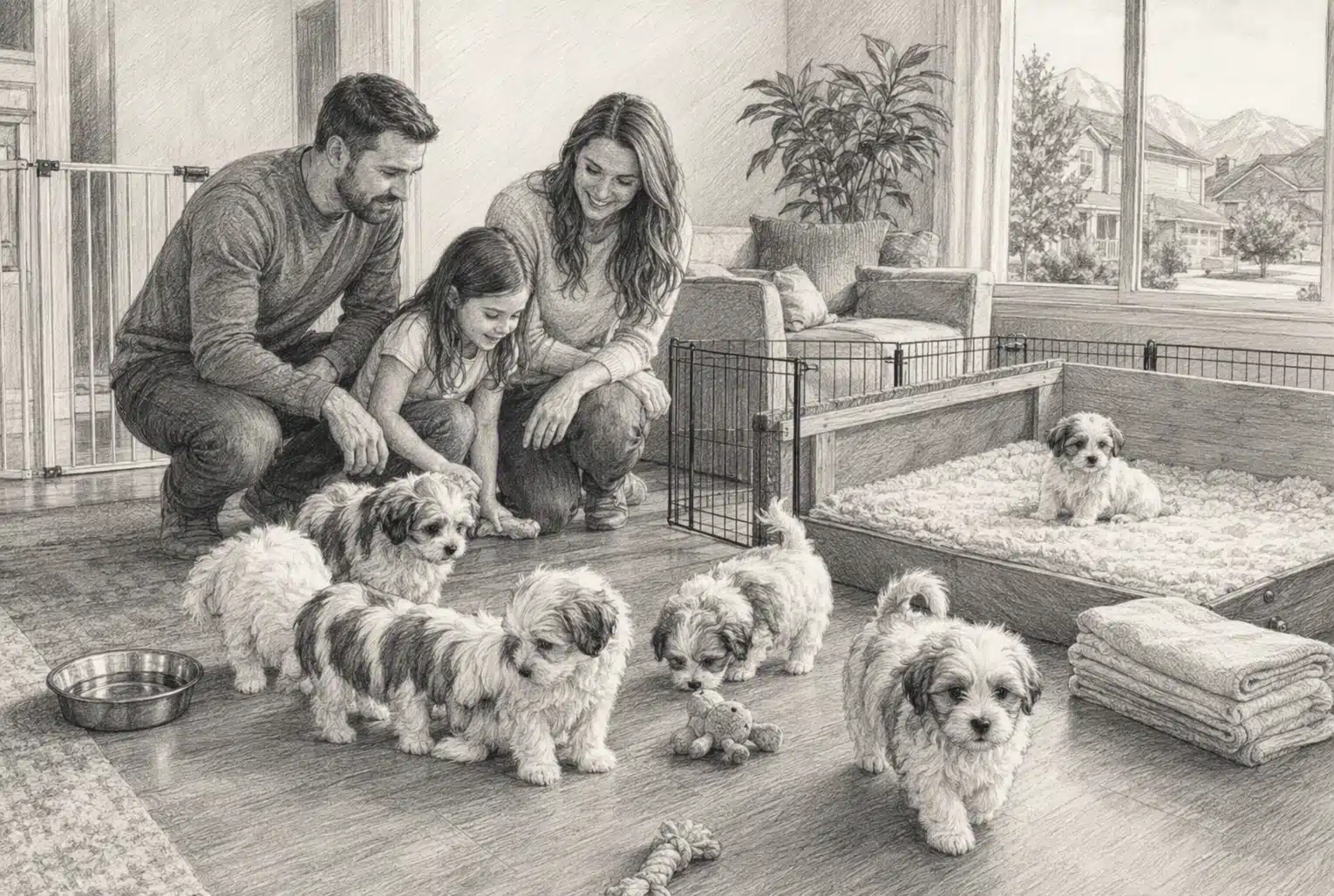 Family examines Havanese puppies in clean whelping area