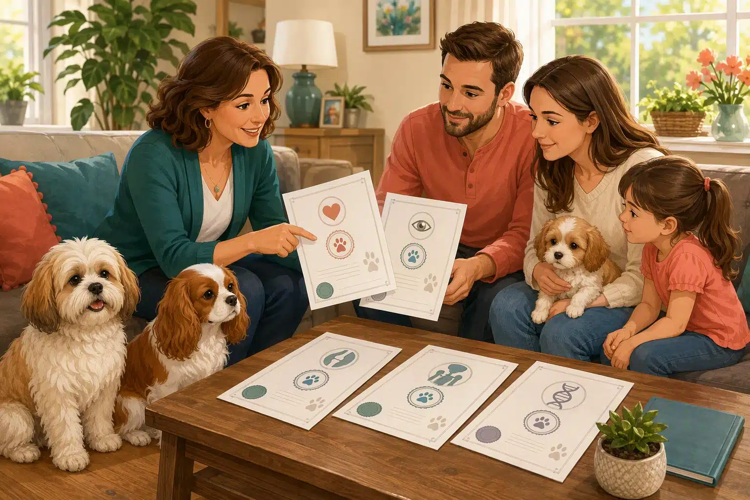 Breeder reviews parent dog health records with family
