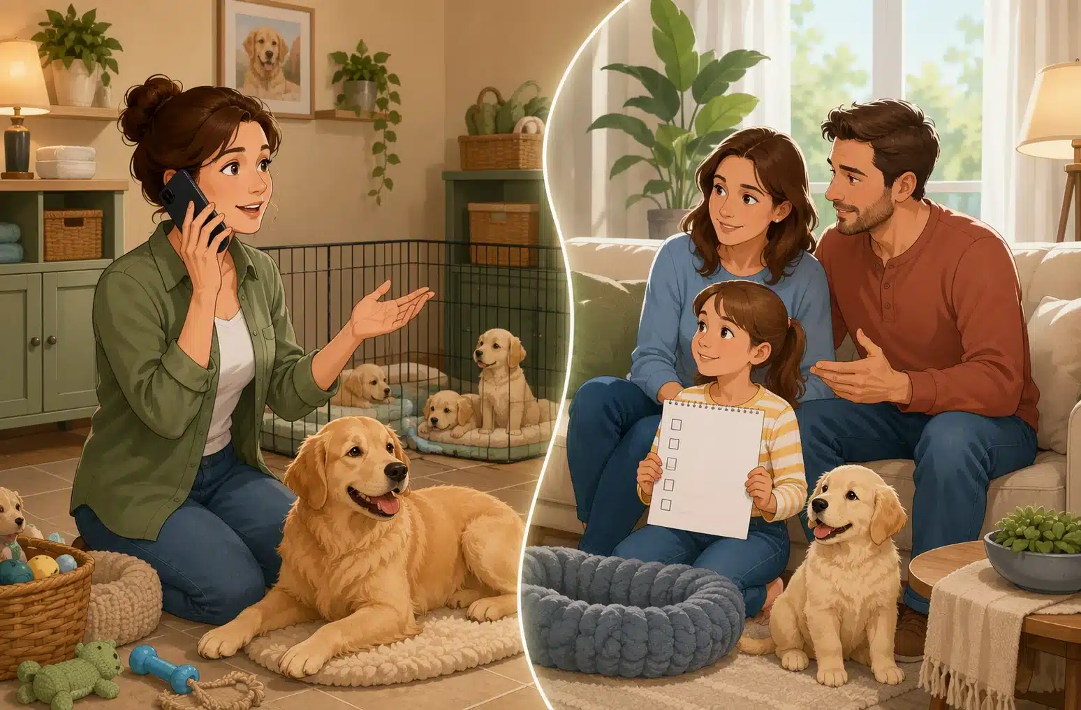Breeder discusses puppy readiness with family holding checklist