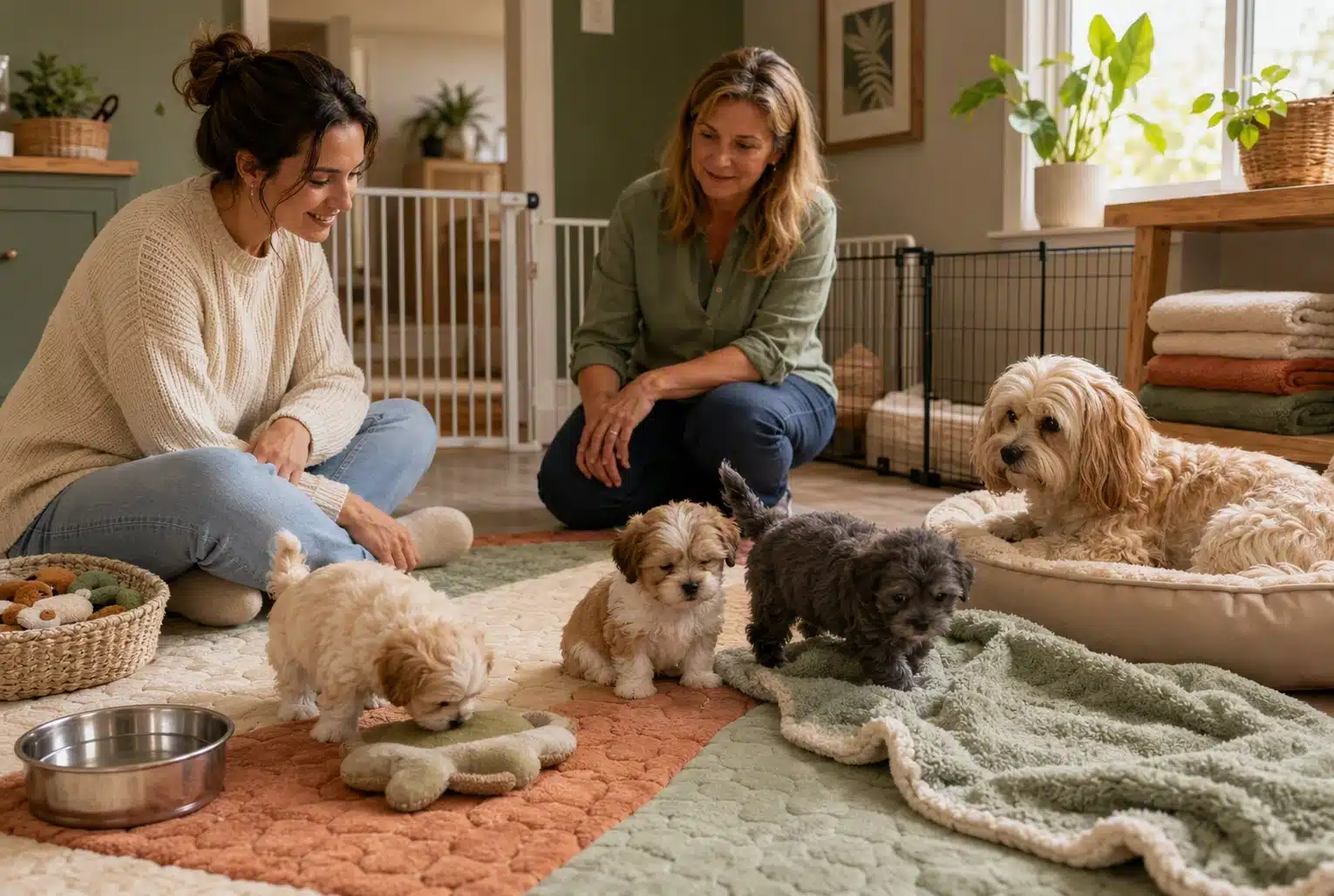 Puppies exploring clean play mats in a breeder’s well-maintained home