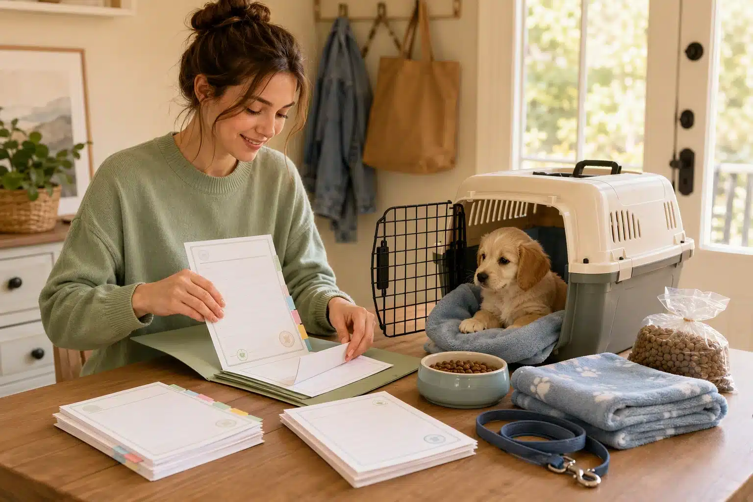 Organizing puppy paperwork and supplies before first vet visit