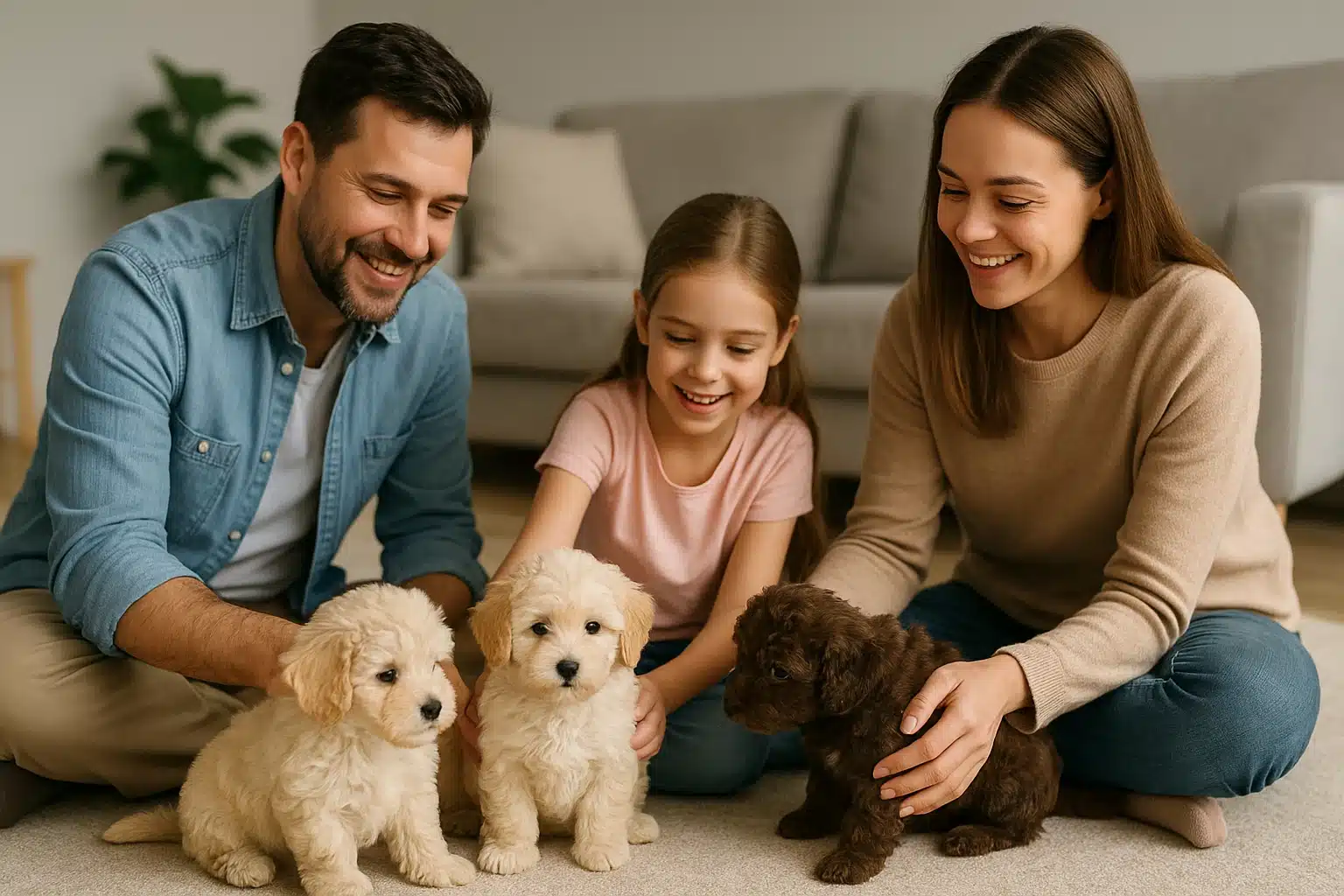 Havapoo and Cavapoo puppies playing indoors with family