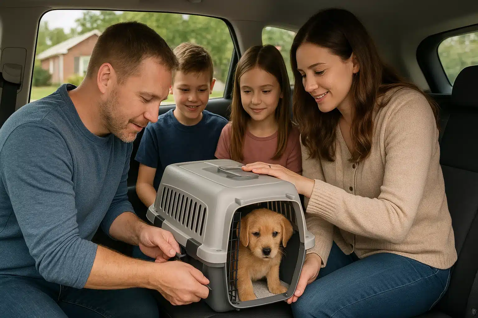 Utah family securing puppy carrier before pickup