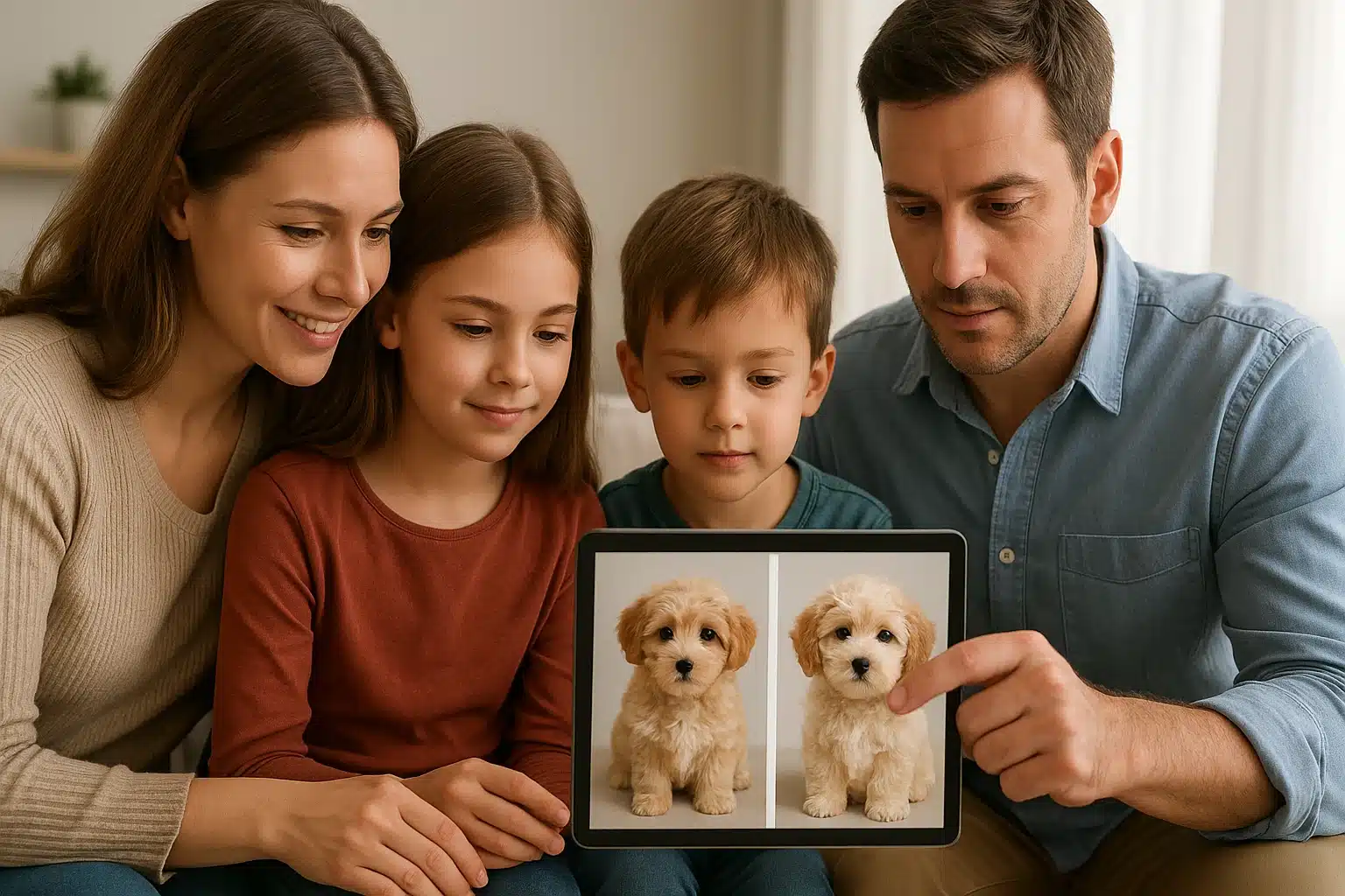 Family compares puppy breed profiles on tablet