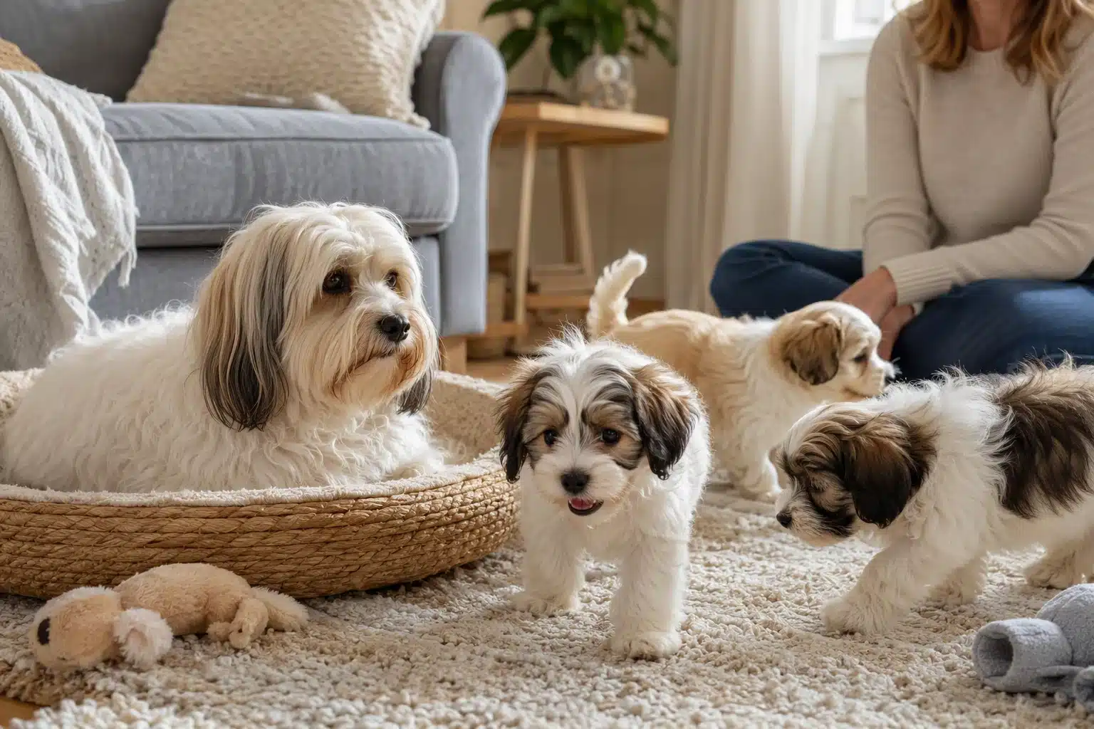 Havanese mother resting beside healthy playful puppies