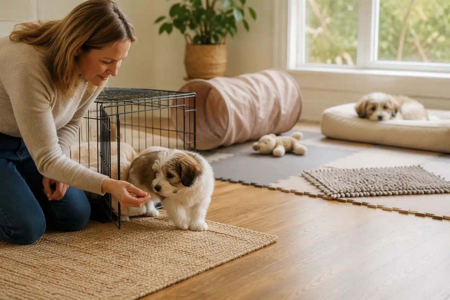 Gentle breeder acclimates Havanese puppy to crate and play surfaces