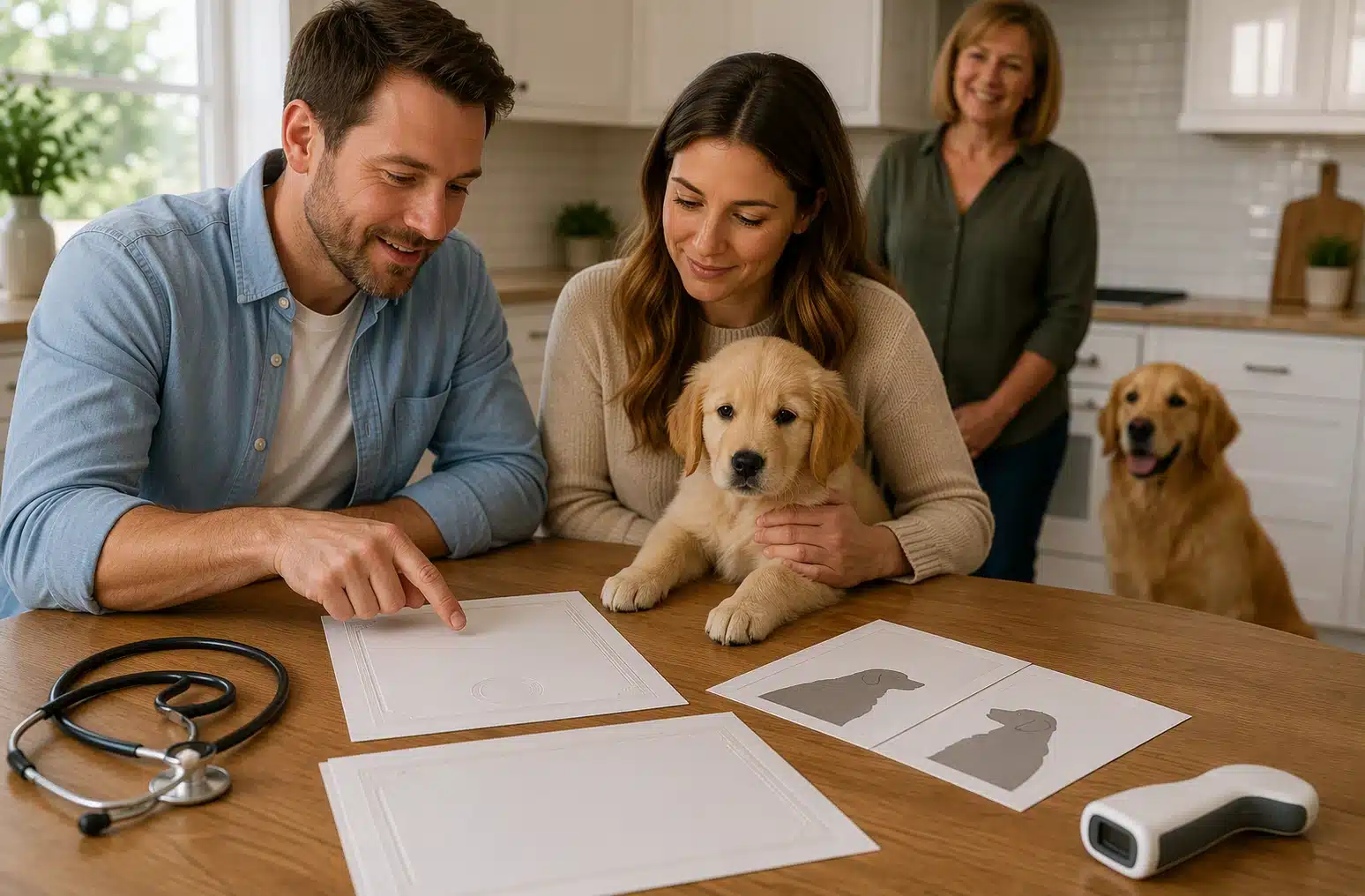 Parents reviewing health certificates with puppy