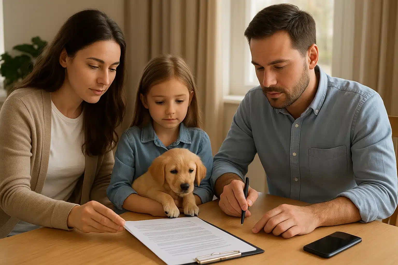 Breeder and family reviewing puppy contract at a sunlit table