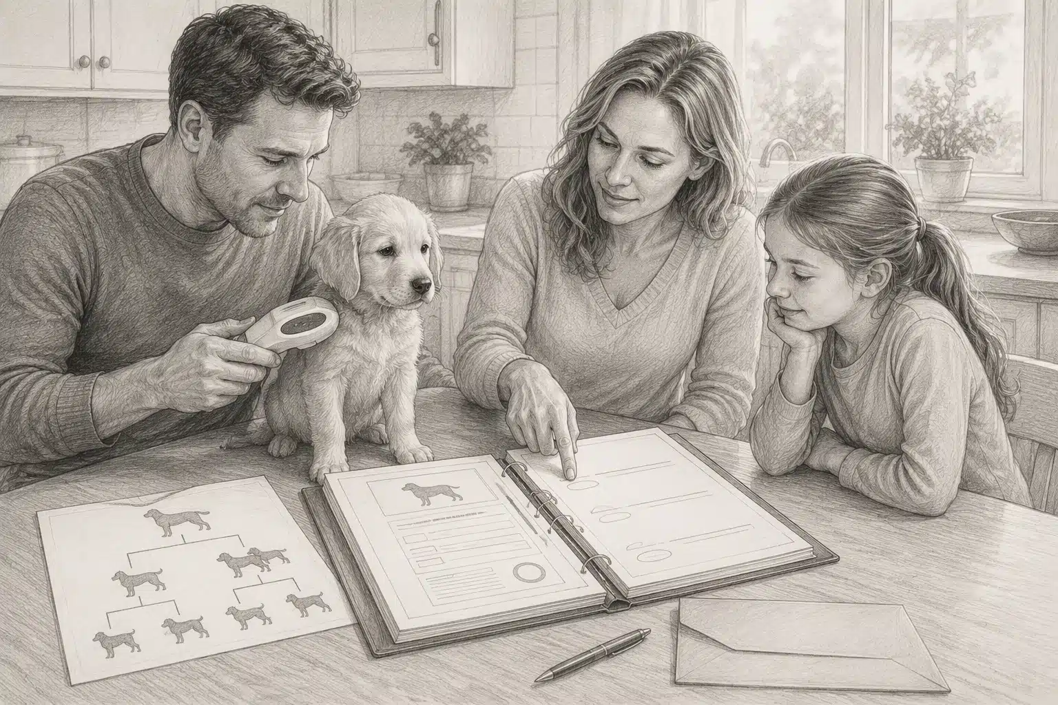 Family verifies puppy paperwork at kitchen table