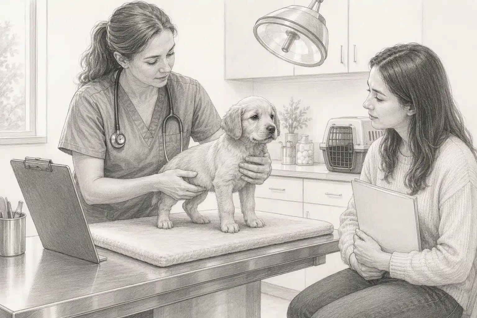 Veterinarian examining puppy in clinic before pickup